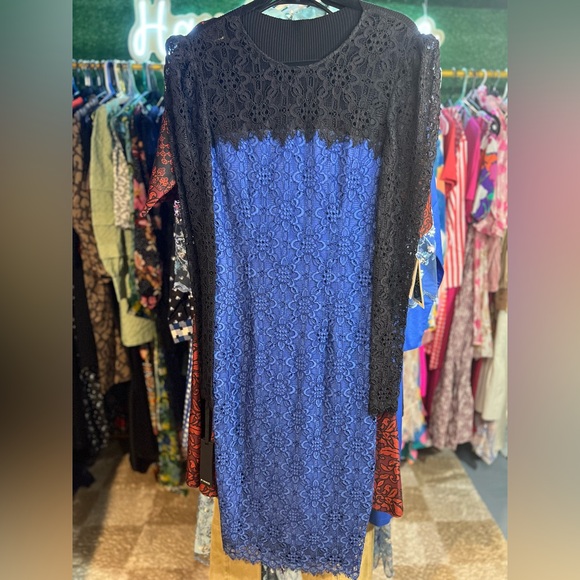 Pinko Black and Blue Lace Midi Dress - Picture 1 of 4